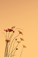 Silhouette flowers and butterfly with sunset sky vertical background graphic illustration have blank space.