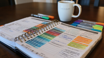 Colorful Weekly Planner with Stickers and Handwritten Notes on a Wooden Table Next to a Coffee Mug