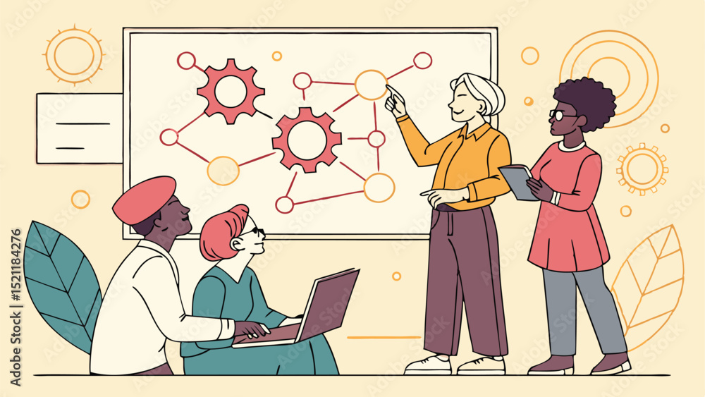 Poster diverse team collaborating on a diagram with gears and nodes during a business meeting presentation