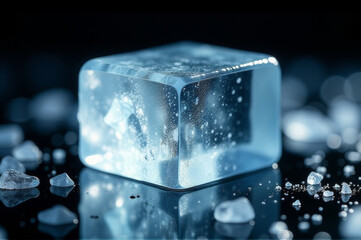Close-up shot of an ice cube fragment on a table, white and transparent with slight imperfections