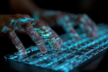 Glowing Hands Typing on a Transparent Keyboard with Digital Code Projection in a Dark Environment