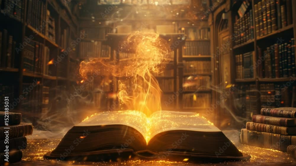 Poster an enchanting open book surrounded by mystical light in an old library, evoking curiosity and wonder