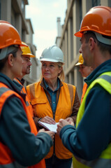 A group of construction workers wearing hard hats and vests on a building site, with tools and equipment in the background