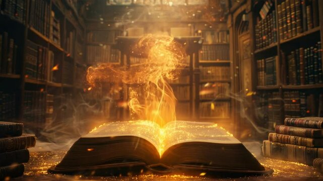 An enchanting open book surrounded by mystical light in an old library, evoking curiosity and wonder.