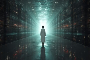 Mysterious Woman Standing in Front of Bright Light in a Futuristic Corridor Surrounded by Reflections and Shadows