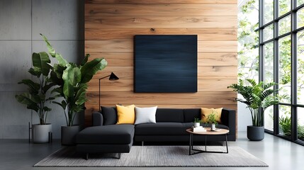 Rustic and modern living room with wooden accents