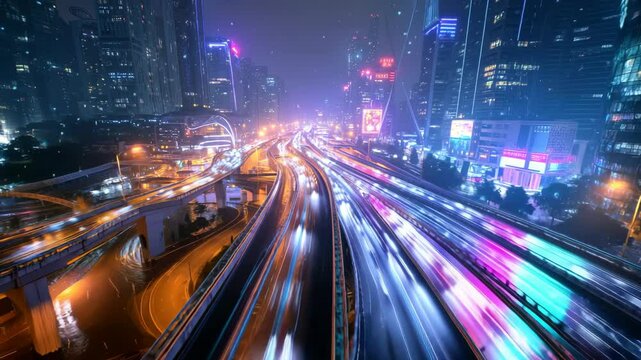 A modern and futuristic city at night with roads looking like networks and quick moving vehicles at the same time, glowing traffic flow lines energy-efficient systems, infrastructure