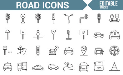 Set of Road and Traffic Icons for Navigation and Safety Design