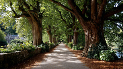 Fototapeta premium Sunlight dappled avenue with mature trees