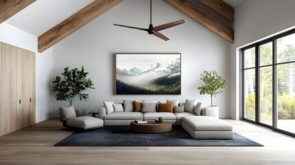 Rustic and modern living room with wooden beams and natural light