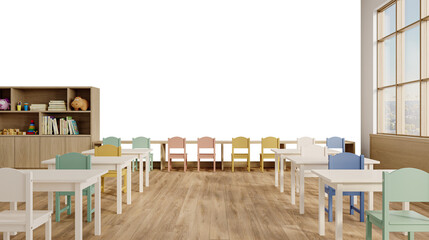 Front View of Kindergarten Classroom with Wooden Bookshelves – Transparent Wall Cutout – 3D render