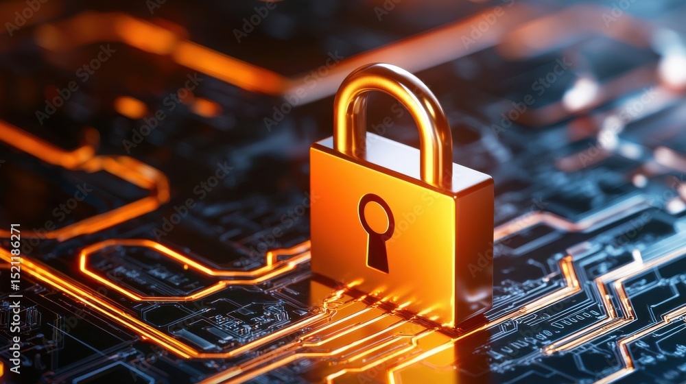 Poster close up view of a locked padlock on a circuit board symbolizing the role of firewalls in safeguardi