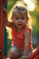 A young child enjoying recess time on a colorful playground slide