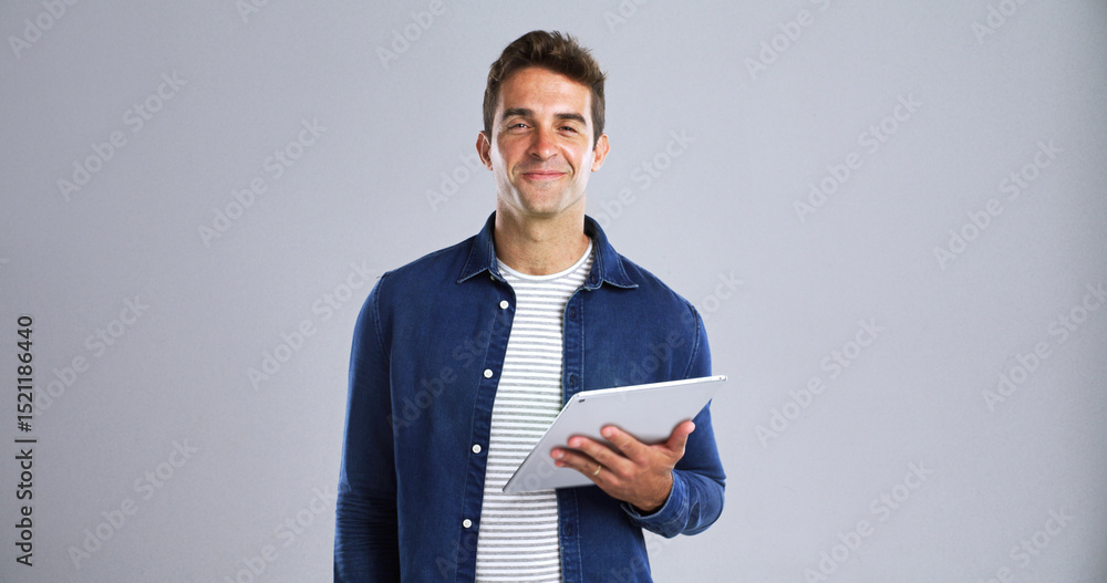 Poster portrait, smile and tablet with editor man in studio for proofreading article of online magazine. ap