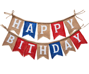 Burlap "Happy Birthday" Banner with Red, White, and Blue Flags