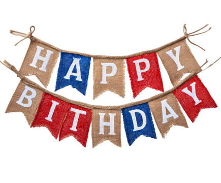 Burlap "Happy Birthday" Banner with Red, White, and Blue Flags
