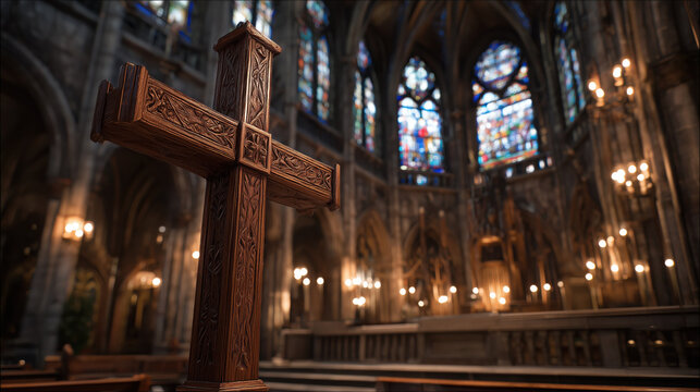 Ornately carved wooden cross standing inside a gothic cathedral with stained glass windows and chandeliers in the background