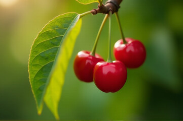 Fresh cherries hanging from a tree branch, ripe and ready to eat