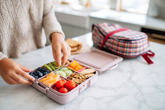 A woman prepares a colorful lunchbox filled with a variety of healthy snacks, on a marble kitchen counter with a plaid backpack in the background