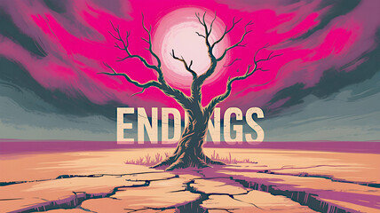 A stark, barren tree stands on cracked earth under a dramatic pink sky with a prominent sun, emblazoned with "ENDINGS," a powerful illustration of finality