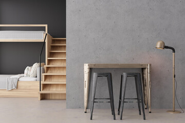 Cozy hostel interior showcases a wooden bunk bed and minimalist desk with stools. The warm lighting and concrete wall create a welcoming space for travelers to relax and socialize. 3D render.