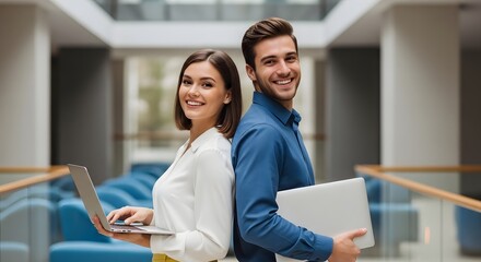 Dynamic duo of confident young professionals, radiating teamwork and innovative spirit. they share a supportive embrace, poised within an expansive, modern architectural space. 