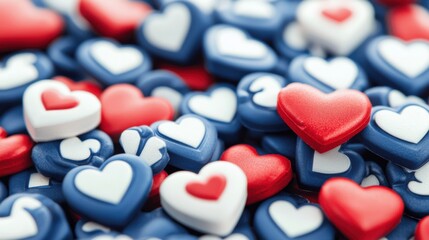 A soft textured background of contrasting red and blue hearts conveys a sense of love romance and tender emotions
