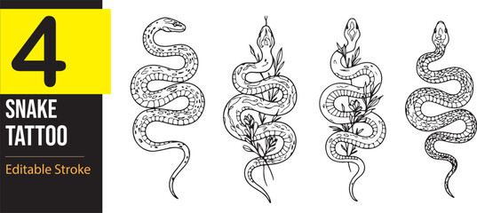 Snake Tattoo Design, Editable Stroke, Black Silhouette Flat Vector Illustration Snake. Snake Design Logo and Tattoo. Isolated Black Cobra. Animal, Snake Drawing