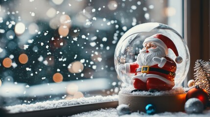 A festive Christmas scene featuring a Santa Claus figurine and a snowy snow globe placed on a twinkling lights and a blurred background creating a cozy magical atmosphere