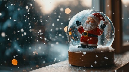 A festive snow globe containing a jolly Santa Claus figurine surrounded by a winter wonderland of snowflakes and holiday cheer