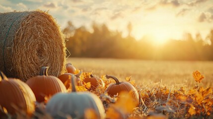 A picturesque rural scene showcasing a peaceful autumn landscape with a field of golden hay bales set against a warm glowing sunset sky