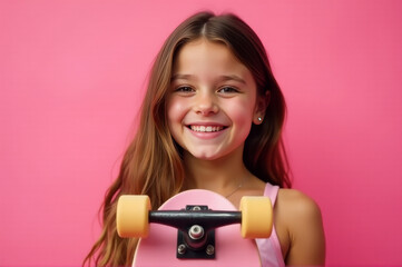 A young girl holding a skateboard in front of a bright pink background, perfect for kids or action-themed designs