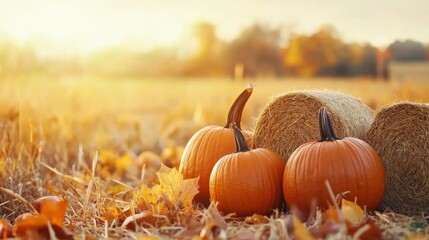 Picturesque autumnal scene showcasing a lush field dotted with golden hay bales and vibrant orange pumpkins set against a warm glowing sunset backdrop