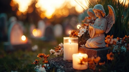 Tranquil churchyard setting at dusk with candles burning near gravestones and a serene angel statue amidst autumn flowers and foliage creating a reflective and spiritual atmosphere