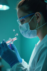 A woman in a lab coat holds a small vial, suitable for medical or science-related uses