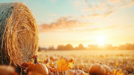 A picturesque autumn landscape featuring a field dotted with golden hay bales bathed in the warm glow of a setting sun against a vibrant sky