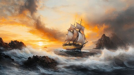 A majestic sailing ship braves the turbulent waves and dramatic sky at sunset navigating the rugged rocky coastline in an epic adventurous journey