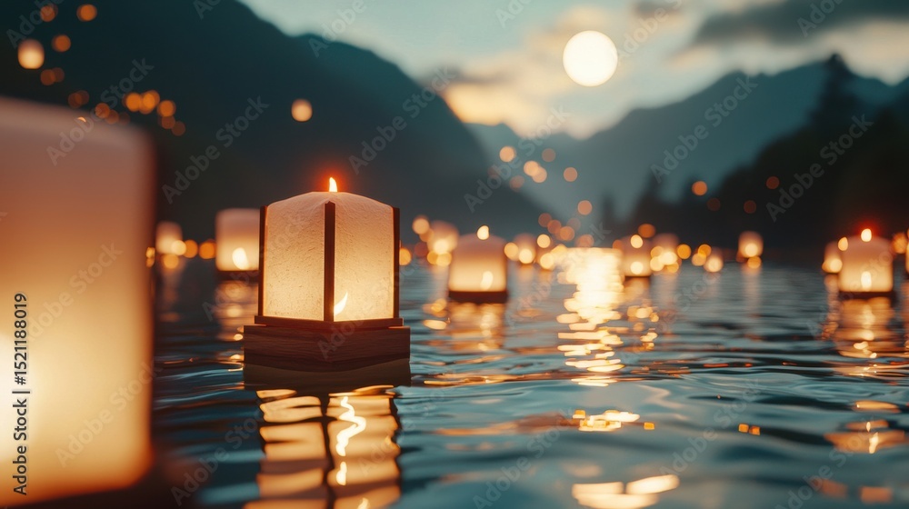 Aufkleber a tranquil river scene at dusk with floating lanterns gently illuminating the water and creating a p