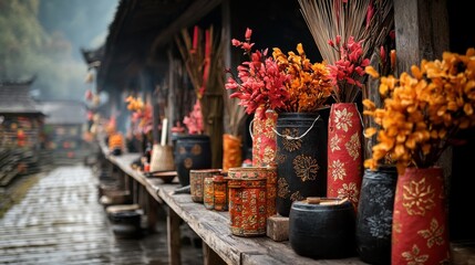 Colorful lanterns pottery and floral arrangements adorn the streets of a traditional rural Asian festival creating a festive and spiritual atmosphere