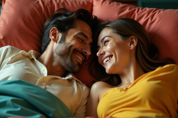 A romantic couple lying on a bed together, relaxed and intimate
