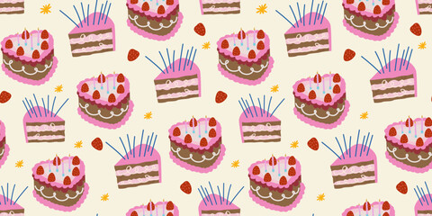 Happy Birthday seamless pattern for fabric, wrapping paper, wallpaper, textile print. Vintage pink cakes, cupcakes and berries. Birthday holiday background in groovy retro style 