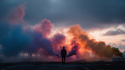 Dramatic Shot of Person Holding Rainbow Smoke Flares Against Colorful Sunset Sky