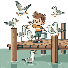 Smiling Boy Feeding Seagulls from a Wooden Pier with White Pail Cartoon Style