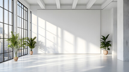 Fototapeta premium Bright minimalist interior design with potted plants urban apartment digital art modern aesthetic