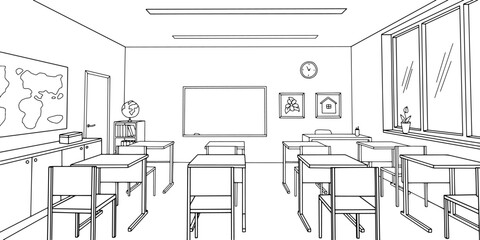Classroom graphic black white interior sketch illustration vector 