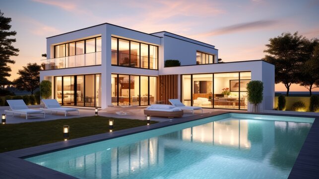 modern residential building with lighting and swimming pool in garden in the evening