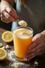 A close-up shot of a woman holding a glass of orange juice and scooping sugar with a spoon
