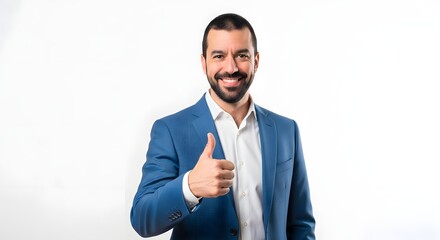 A confident businessman dressed in a smart blue suit, giving a thumbs-up gesture of approval and encouragement, radiating optimism and success.