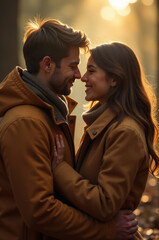 A man and a woman stand together in a dense forest, surrounded by trees
