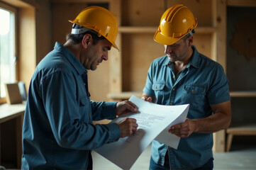 Two construction workers examining plans on-site
